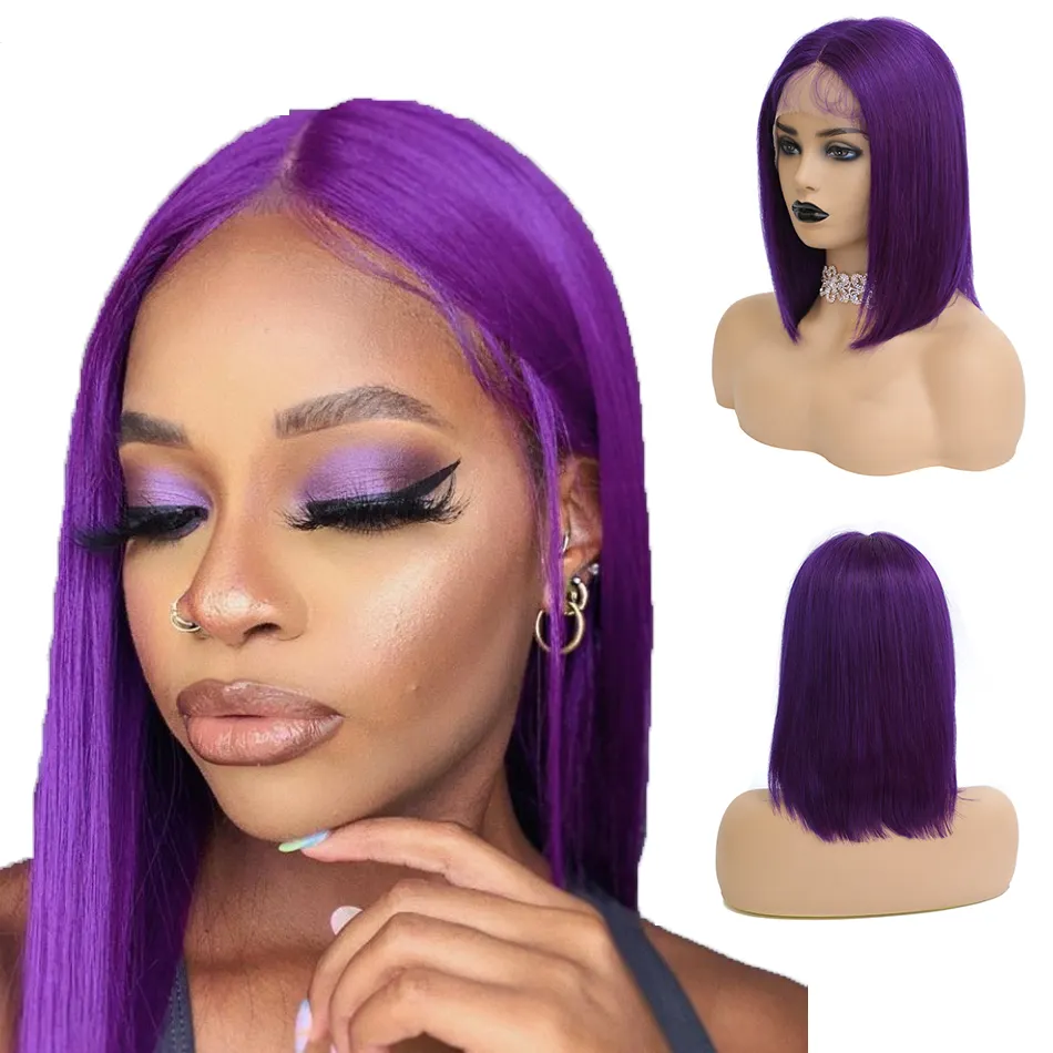 Cheap Straight Brazilian Human Hair Purple Color Long Bob Lace Front Wig with Baby Hair Pre-Plucked HD Lace Wigs for Women