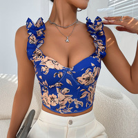 Haut court bustier à volants pour femme, imprimé floral vintage, dos lacé, style corset ajusté Y2K, idéal pour les sorties et les boîtes de nuit