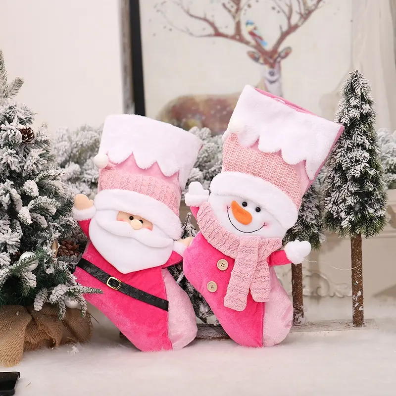 Christmas Stocking Knitted Pink Santa Snowman Xmas Socks Party Gift Candy Bag for Family Holiday Christmas Tree Decoration