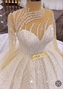 Venta al por mayor África vestido de novia vestido de baile totalmente con cuentas de encaje de manga larga personalizado Catedral tren brillo princesa vestido de novia 2025 - Product Image 2