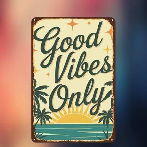 Targa <span class=keywords><strong>Vintage</strong></span> in Metallo 'Good <span class=keywords><strong>Vibes</strong></span> Only', Placca Retrò con Motivi Tropicali e di Spiaggia, Decorazione Murale Estiva per Casa Costiera, Bar, Man Cave - Product Image 2