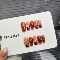 Uñas Postizas de Lujo TSZS con Flores Talladas a Mano, Forma Cuadrada Larga Tipo Ataúd, Reutilizables, Hechas a Mano, Venta al Por Mayor