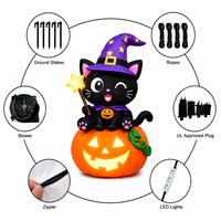 Décoration de fête d'Halloween pour extérieur et jardin : Chat noir gonflable avec citrouille et chapeau de sorcière, éclairage LED