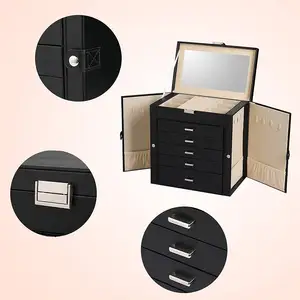 Large Luxury PU Leather Jewelry Box Organizer With Mirror Drawer Jewelri Case Jewellery Storage Case For Gift