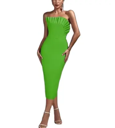 Sexy Strapless Pleated Design Bandage Dress Off Shoulder Backless Elastic Bodycon Solid Cocktail Dress