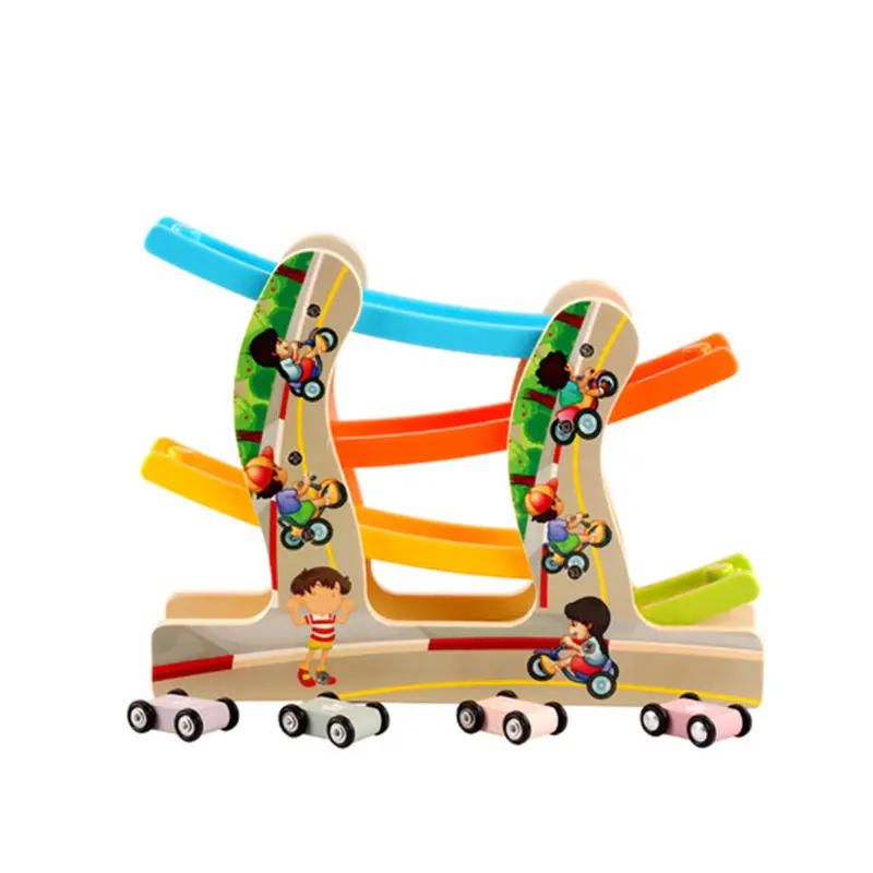 Juguetes para niños pequeños de 1 a 2 años, regalos para niños y niñas, pista de carreras de madera, rampa de coche con 4 Mini coches