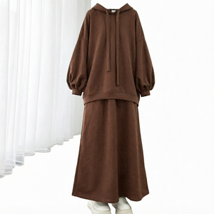 2026 OEM/ODM Pure Color Polyester Breathable Plus Size Casual Loose Muslim Women Drawstring Hoodies Skirt Autumn/Winter Co-Ord - Product Image 1