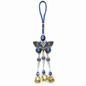 Papillon bleu dinde mauvais œil ornement petite cloche métal carillon vent pendentif accessoire mur suspendu voiture décoration mauvais œil