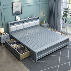 Modern Minimalist Solid Wood Double <b>Bed</b> 1.8M Soft <b>Headboard</b> Storage Master Bedroom Use - Product Image 1