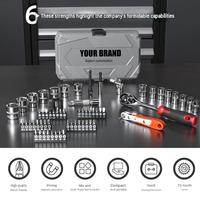 Jeu de clés à cliquet de 64 pièces de 3/8 pouces avec poignée rotative miniature, kit d'outils de mécanique dans un coffret rigide pour la réparation automobile