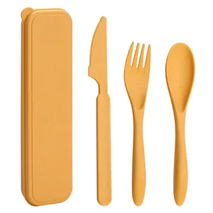 Amazon nuovo colore posate ecologiche paglia di grano BPA coltello di plastica gratuito cucchiaio forchetta posate Set con scatola portatile
