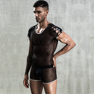 Maglietta a maniche lunghe da uomo sexy in pelle PU trasparente con lacci e inserti in rete - Product Image 5