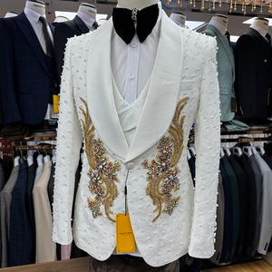 Trajes de lujo de un solo pecho para hombres, conjunto de 3 piezas hecho a mano con abalorios, botones de cristal, chaqueta, <span class=keywords><strong>chaleco</strong></span>, pantalones, boda, novio, Formal - Product Image 2