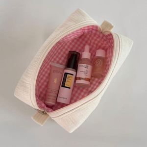 Custom Bow Embroidery Eco-Friendly Cotton Makeup Bags Travel Zipper for Bag Women for Gingham Inner <b>Cosmetic</b> <b>Organizer</b> - Product Image 3