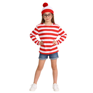 Conjunto de disfraz de Wally, camisa a rayas de manga larga, sombrero, traje de cosplay de Halloween para niñas y niños - Product Image 1
