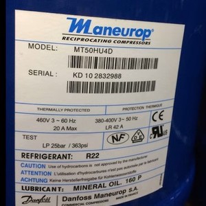 คอมเพรสเซอร์ทำความเย็น Danfoss Maneurop Mt50hku4d 460V 3 เฟส สำหรับห้องเย็น - Product Image 1