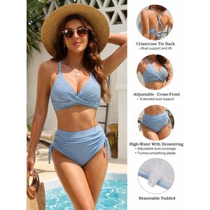 Conjunto de bikini de cintura alta para mujer, traje de baño push-up con control de abdomen, dos piezas, azul, de spandex y poliéster, diseño cruzado con cuello halter y detalles retorcidos. - Product Image 4