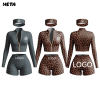 Ensemble deux pièces confortable veste zippée et short imprimé léopard en nylon spandex extensible pour l'été et le quotidien avec logo personnalisé
