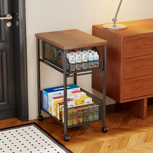 Storage <b>Cart</b> With Wooden Top And Metal Mesh Shelves For Living Room Or Bedroom Use - Product Image 4