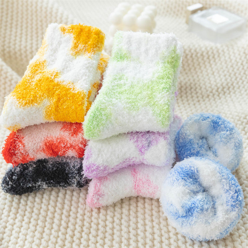Wholesale Winter Cheap Home Sleeping Plush Slipper Sock Fuzzy Fluffy Tie-Dye Sock