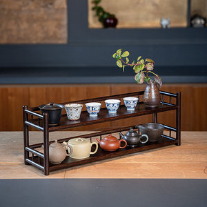 Antique Display <b>Shelf</b> Tea Set Stand Bamboo Double Layer 60x15x33cm <b>Desk</b> Storage Organizer - Product Image 4