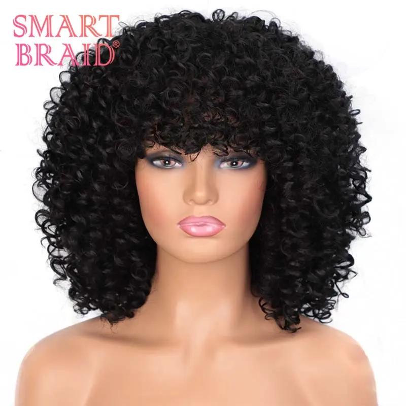 Atacado curto peruca com franja, peruca com franja para mulheres negras 14 polegadas afro cabelo sintético solto e encaracolado