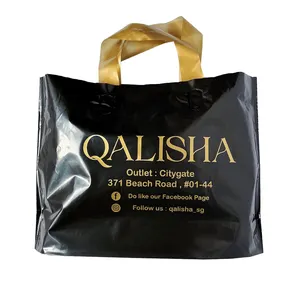 Wholesale Promotional Logo Printed Packaging Shopping PE Plastic Tote Black Bag With Soft Loop Handle