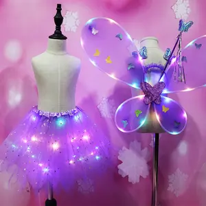 Комплект детской одежды для Хэллоуина из 4 предметов, фатиновая бабочка, Сказочная Рождественская светодиодная подсветка, светящаяся юбка-пачка, платье, юбка