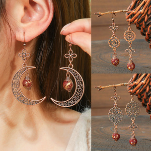 Boucles d'oreilles pendantes vintage en alliage de cuivre, plaqué bronze antique, motif floral, pour femmes - Product Image 2