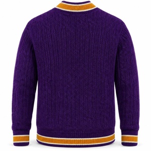Cardigan tricoté pour femme Omiga Fraternity violet, rayures brodées dorées, manches longues, col en V, coupe classique, 100% coton - Product Image 2