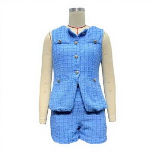 Completo da donna Nada personalizzato: gilet senza maniche con bottoni e pantaloncini a vita alta in <span class=keywords><strong>tweed</strong></span> vintage traspirante, due pezzi per feste e ufficio - Product Image 1