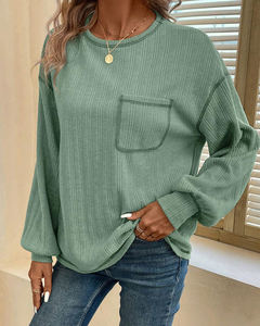 T-shirts à manches longues pour femmes, col rond, couleur unie, respirants, fabriqués directement en usine, mode automne-hiver, hauts décontractés avec poche - Product Image 3