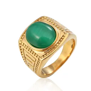 不锈钢镀金镶嵌戒指白色和绿色宝石戒指男士镀金椭圆形霸气老板戒指