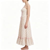 Vestido Midi Corsé Floral Vintage con Tirantes Finos, Ribete de Encaje, Lazo Rosa y Falda con Volantes Escalonados, Estilo Dulce Cottagecore para Fiesta de Verano para Mujer
