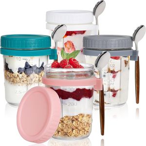Bicchieri in Vetro Mini da 350ml 12oz per Colazione, Frappè, Yogurt, Dolci <span class=keywords><strong>e</strong></span> Cereali con Cucchiai <span class=keywords><strong>e</strong></span> Coperchi Colorati - Product Image 4