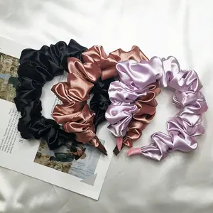 Ucuz ürünler buruşuk kumaş kabarık saç bantları saten Scrunchie kafa bandı