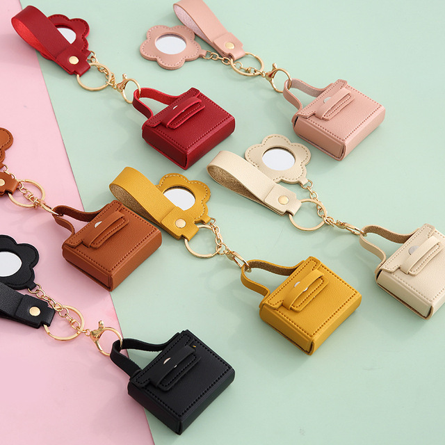 Cute Mini Handbag Keychain with Flower Mirror, Portable Leather Earbud Case for AirPods, Fashion Bag Accessory