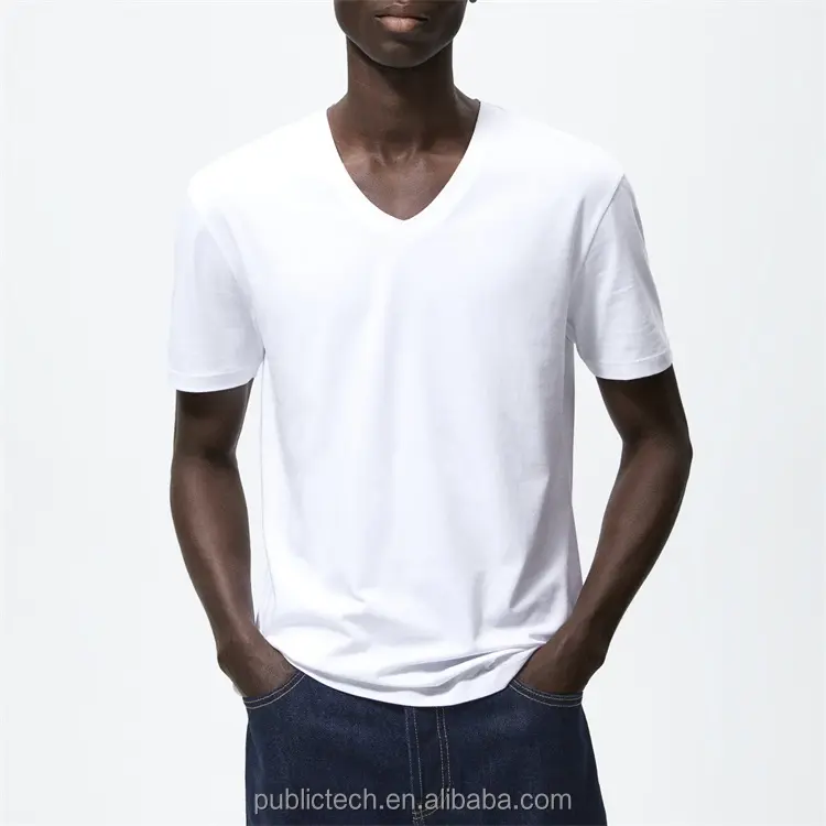 Camiseta para homem com gola V 100% algodão slim fit básica personalizada