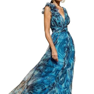 Robe longue bohème à imprimé floral pour femme, col en V, bleu paon, grande taille, style resort d'été - Product Image 5