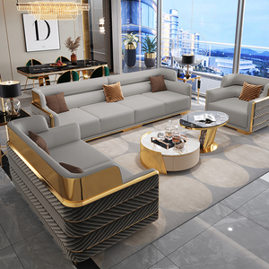 Juego de Muebles Modernos de Cuero Italiano Dorado de Lujo, Juego de Sofás Seccionales de Lujo para Villa, Muebles para Sala de Estar - Product Image 2