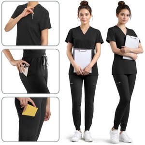Ensemble uniforme d'hôpital FOXA pour femmes, haut à col en V et pantalon de jogging avec poches utilitaires - Product Image 4
