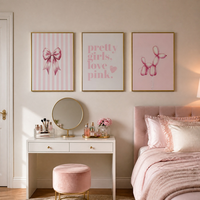 Décoration murale encadrée 3 pièces Chien ballon rose Coquette de luxe avec nœud, cadre en aluminium doré, pour chambre de fille, boutique, maison, appartement