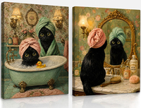 Décoration murale amusante pour salle de bain avec chat noir, cadre intérieur en bois, impressions sur toile 12x16, idéales pour les toilettes, la buanderie, la salle de bain
