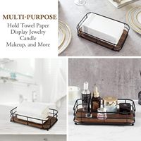 Porte-serviettes rustique en fil métallique noir avec base en bois massif, plateau de rangement pour serviettes de toilette pour salle de bain et comptoir de cuisine