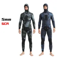 Wetsuit selam musim dingin untuk pria, nilon 5mm, berinsulasi tebal, model split body, berkerudung, kamuflase, untuk berburu ikan, surfing, dan menyelam dalam.