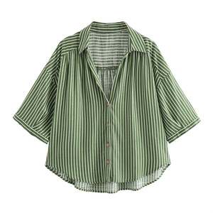 TAOP&ZA Abbigliamento Donna Estate 2024 Nuovo Stile Vacanza Semplice Casual <span class=keywords><strong>Camicia</strong></span> Larga in Misto <span class=keywords><strong>Lino</strong></span> a Righe <span class=keywords><strong>Femminile</strong></span> 3346753 3348753 - Product Image 1