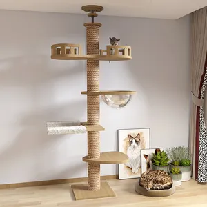 Kayu padat kualitas tinggi multi-platform Sisal ruang kapsul sarang kucing pohon lantai ke langit-langit