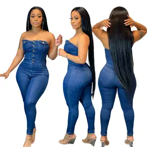 jeans jumsuit Suppliers-Trendy Senza Spalline di Design monopetto Blu Miscele Del Cotone Denim di Un pezzo Aderente Skinny Jeans Tuta Per Le Donne