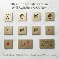 Prise murale ultra-fine en PC doré ignifuge, série complète conforme aux normes britanniques pour projets résidentiels et hôteliers