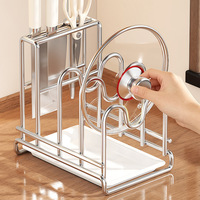 Étagère multifonctionnelle en acier inoxydable pour couvercles de casseroles, planche à découper et rangement, avec égouttoir pour comptoir de cuisine et organisateur de placard